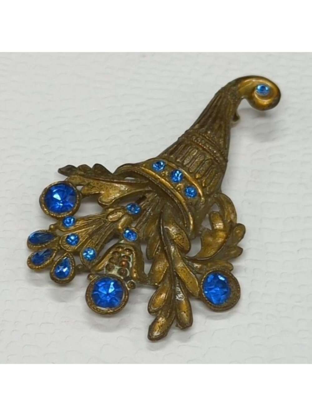 Vintage Brass Brooch With Blue Rhinestones & Cornucopia Floral Design 2.75"